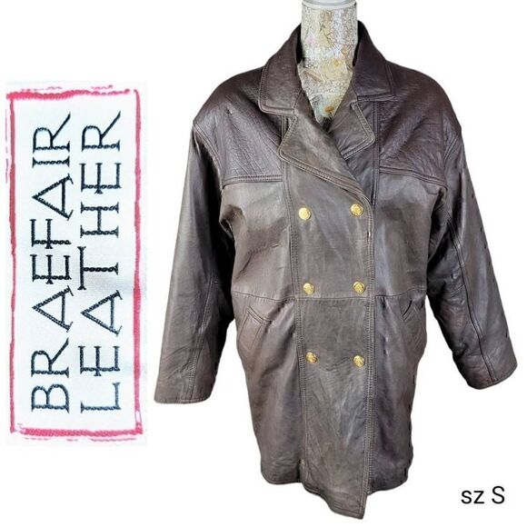 Braefair Vintage 80s Brown Leather Crested Gold Button Double Breasted Coat - Picture 1 of 16